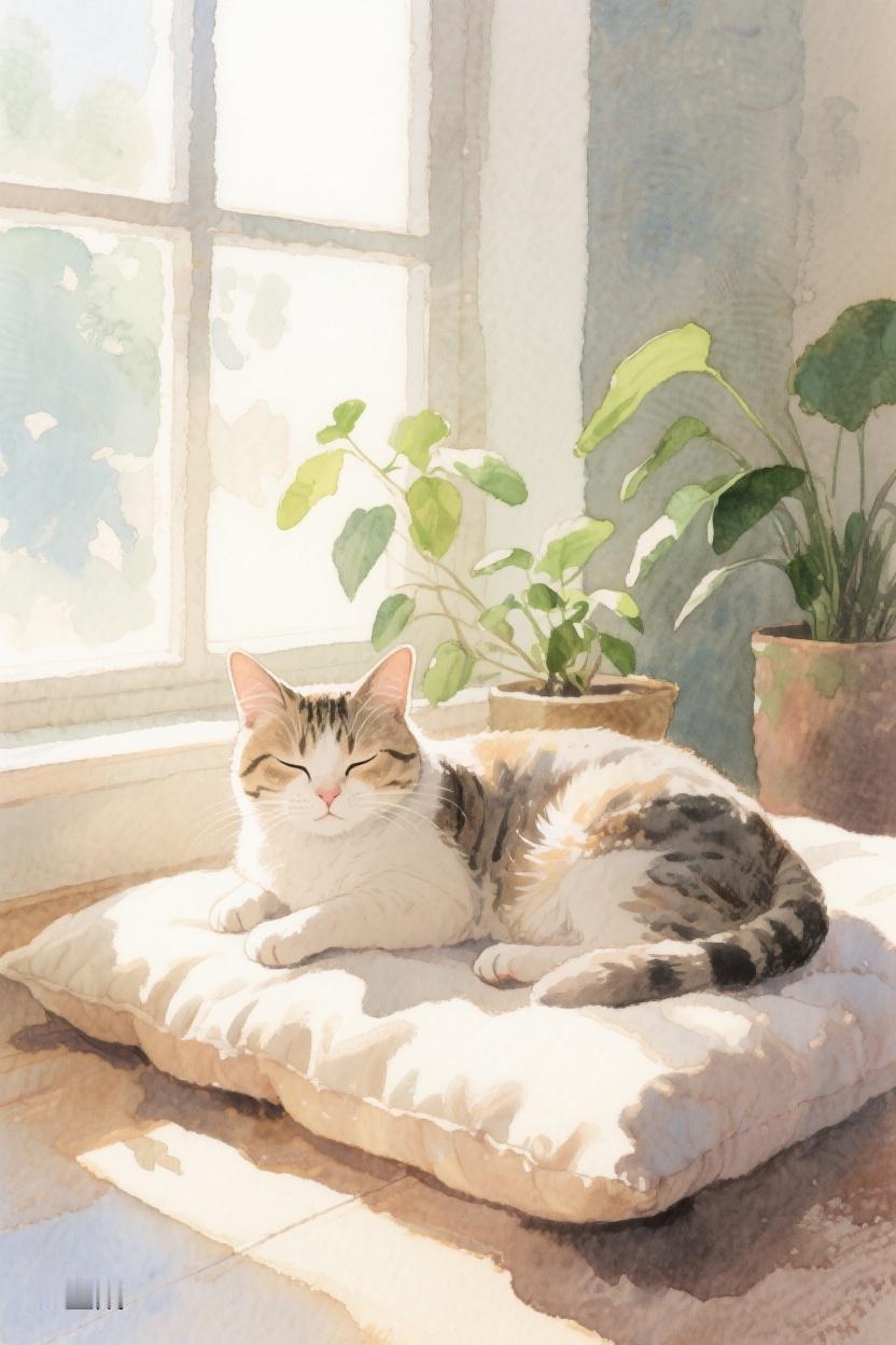 AI随心绘暖阳倾洒，绿植相伴，猫咪慵懒卧。这一方小天地，藏着生活的静谧与诗意~