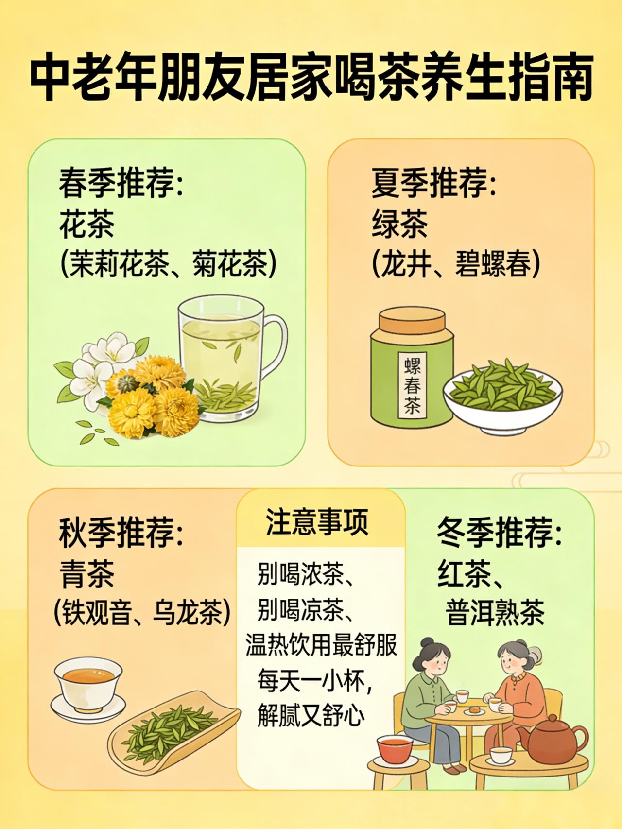 咱们中老年朋友居家爱喝茶，但真不是随便喝就行，跟着季节选茶，喝对了舒服又养身，喝