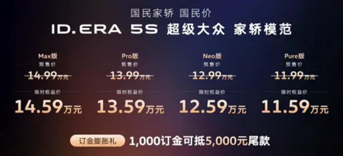 11.99万起，上汽大众ID.ERA5S开启预售，快充+综合续航超2000km