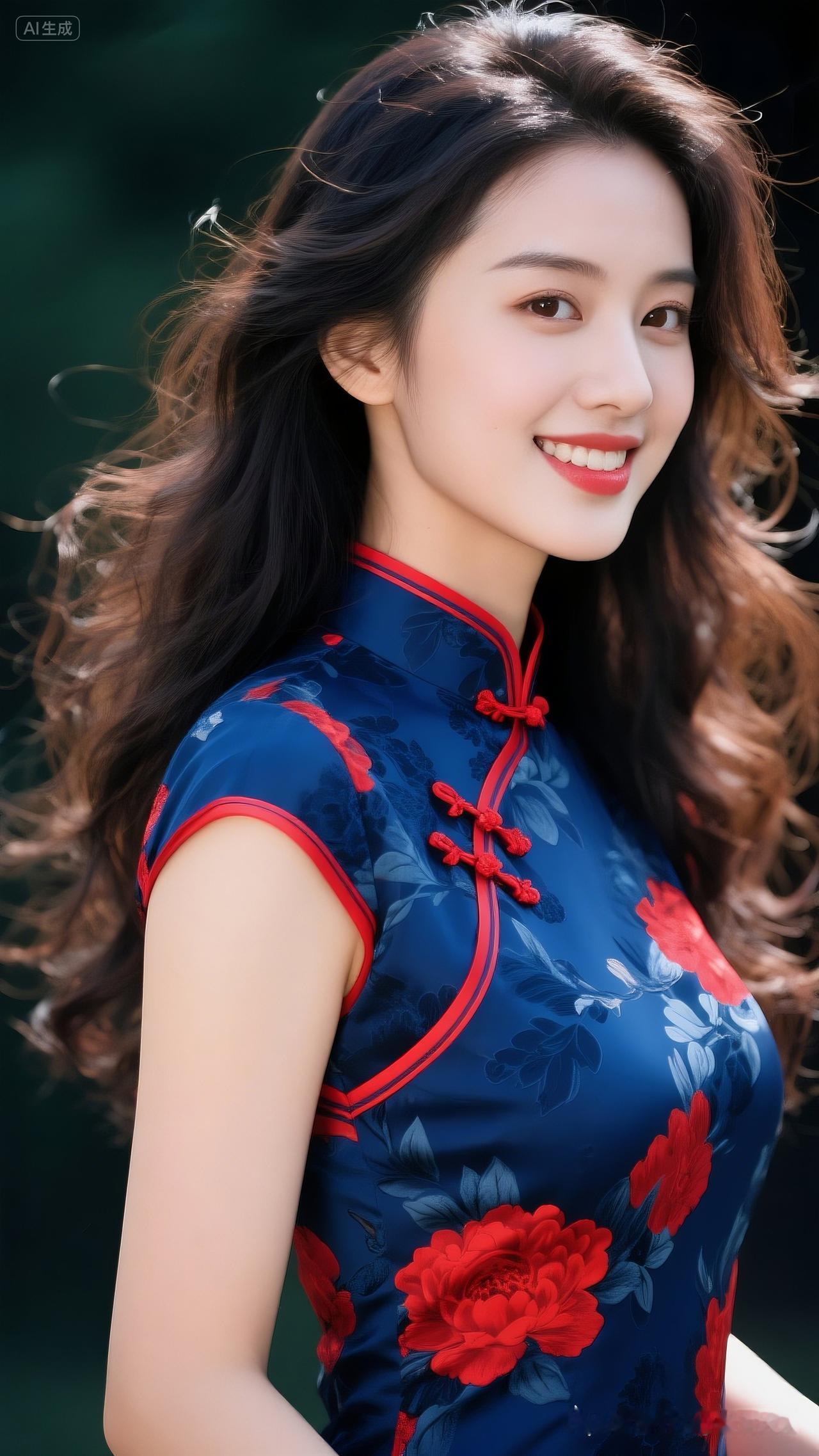 这位美女穿着花旗袍，笑得真好看！