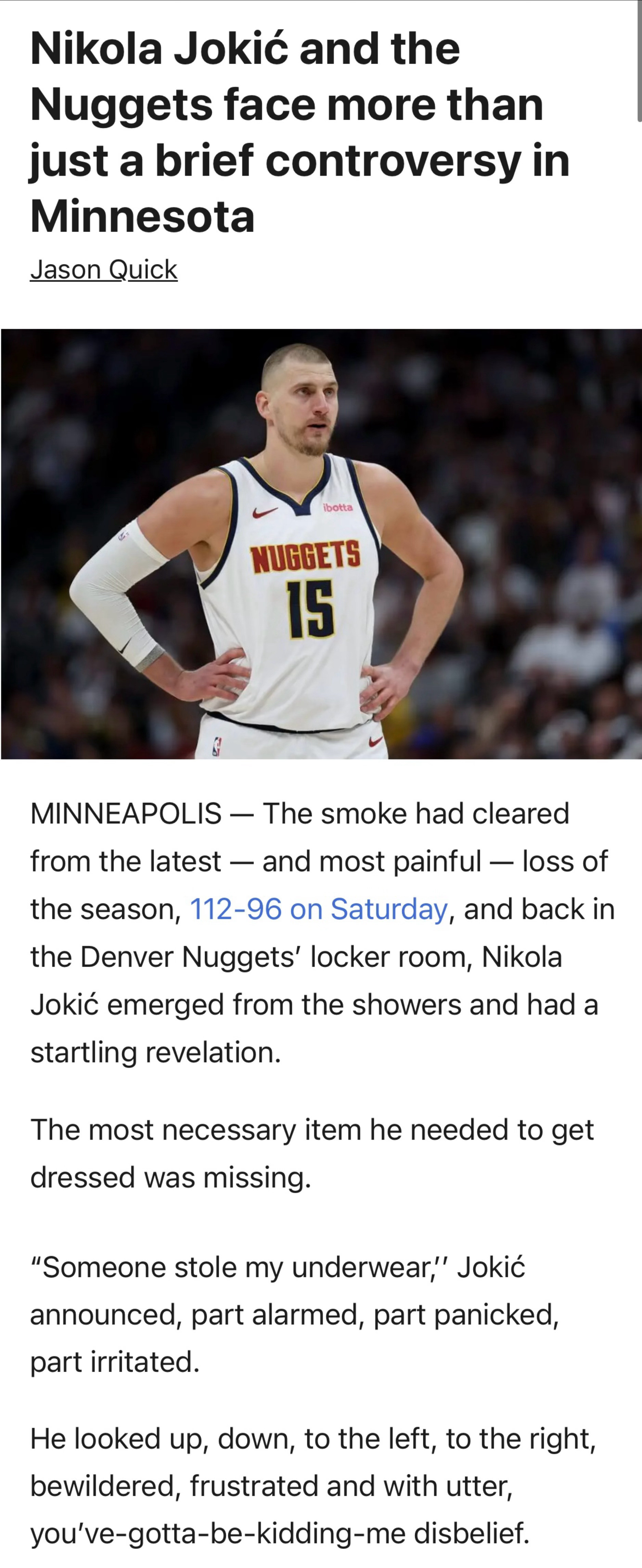 有记者报道，约基奇赛后大喊裤衩子被偷了！TheAthletic记者Jason