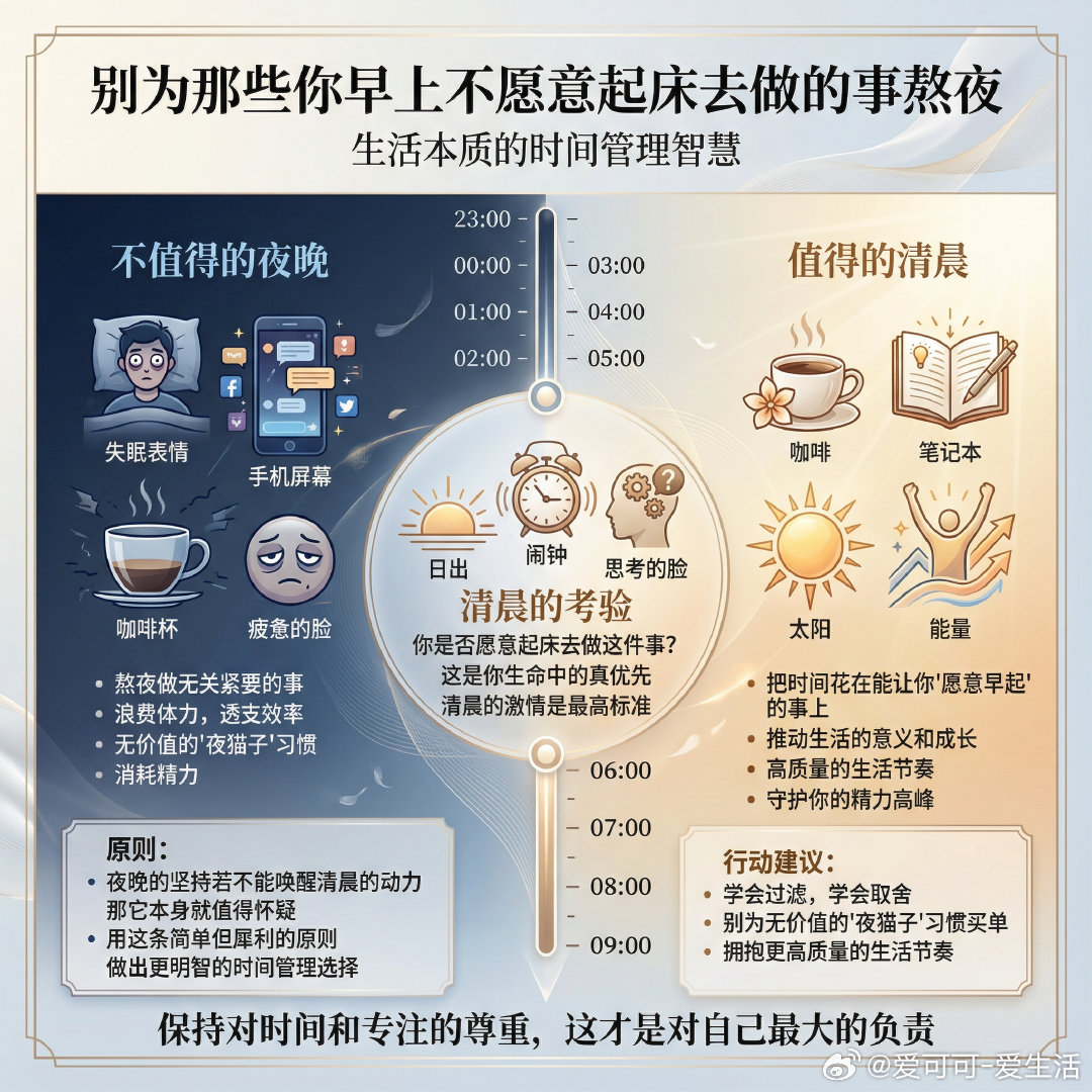 有位朋友曾告诉我一句话：“不要为那些不值得你早起的事情熬夜。”这句话直击生活本质