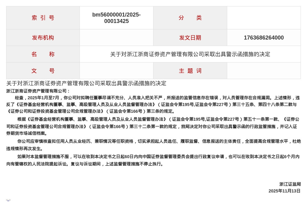 浙商证券被出具警示函, 涉人员管理存在合规漏洞等