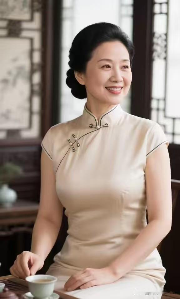 西江月·茶间芳致盘发如鸦凝黛，旗袍浅衬温光。茶烟轻绕鬓边香，一笑清辉满堂