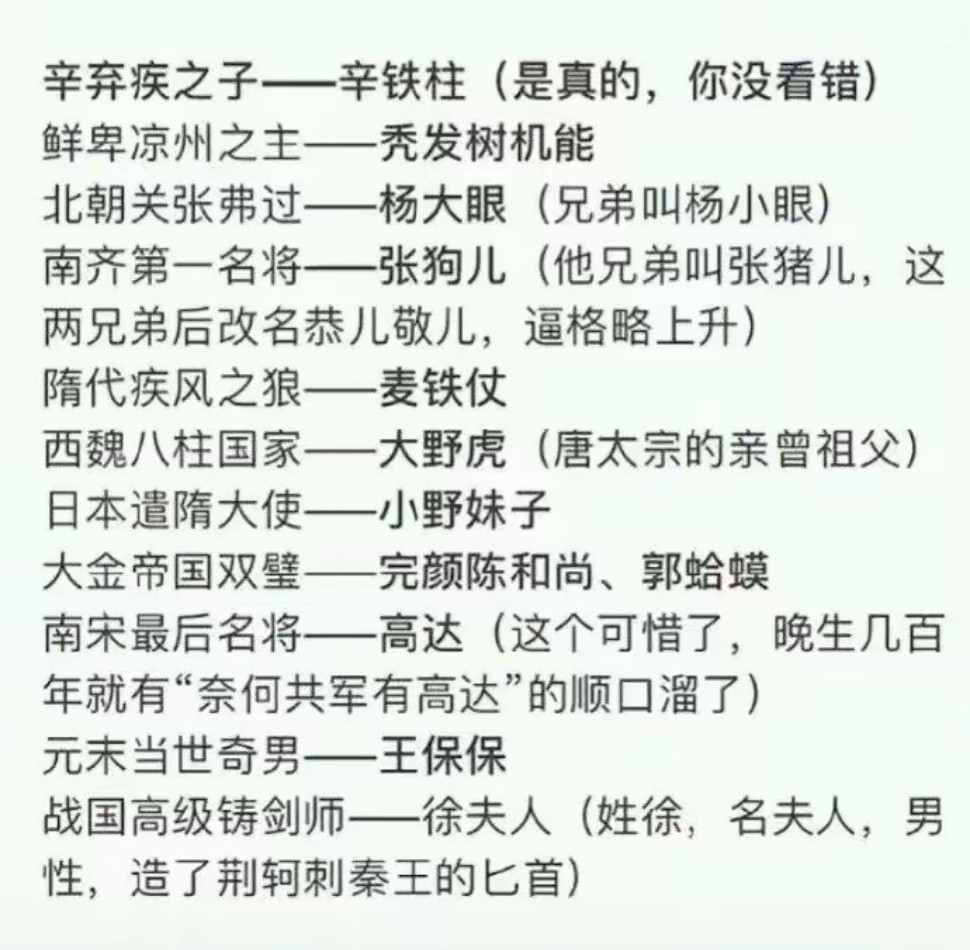 历史上名字奇葩的名人历史上名字奇葩的名人辛弃疾的儿子，辛铁柱。鲜卑首领，秃发树机能。北朝名将，杨大眼
