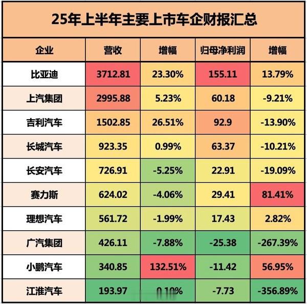 2025年上半年，比亚迪以3712.81亿元的营收继续领跑行业，稳居国内车企榜首