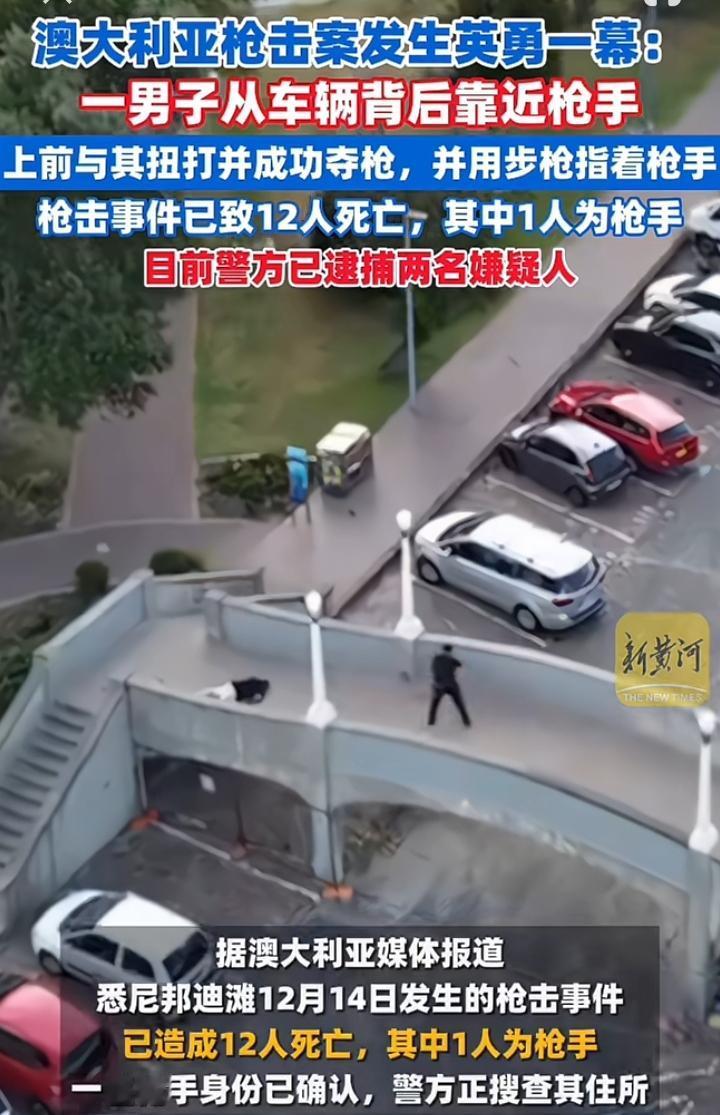 澳大利亚枪击案发生英勇一幕，一名白衣男子悄悄靠近一名枪手，利用视线原理成功从背后