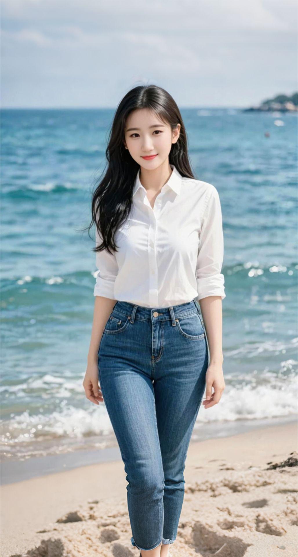 AI扩图 AI少女海景写真