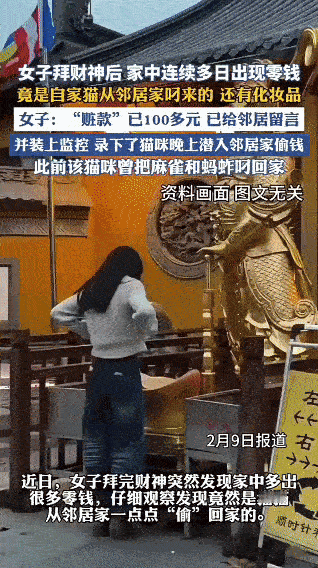 家有此猫，还拜啥财神爷啊…女子拜完财神回家，惊喜发现地上天天冒零钱，还以为