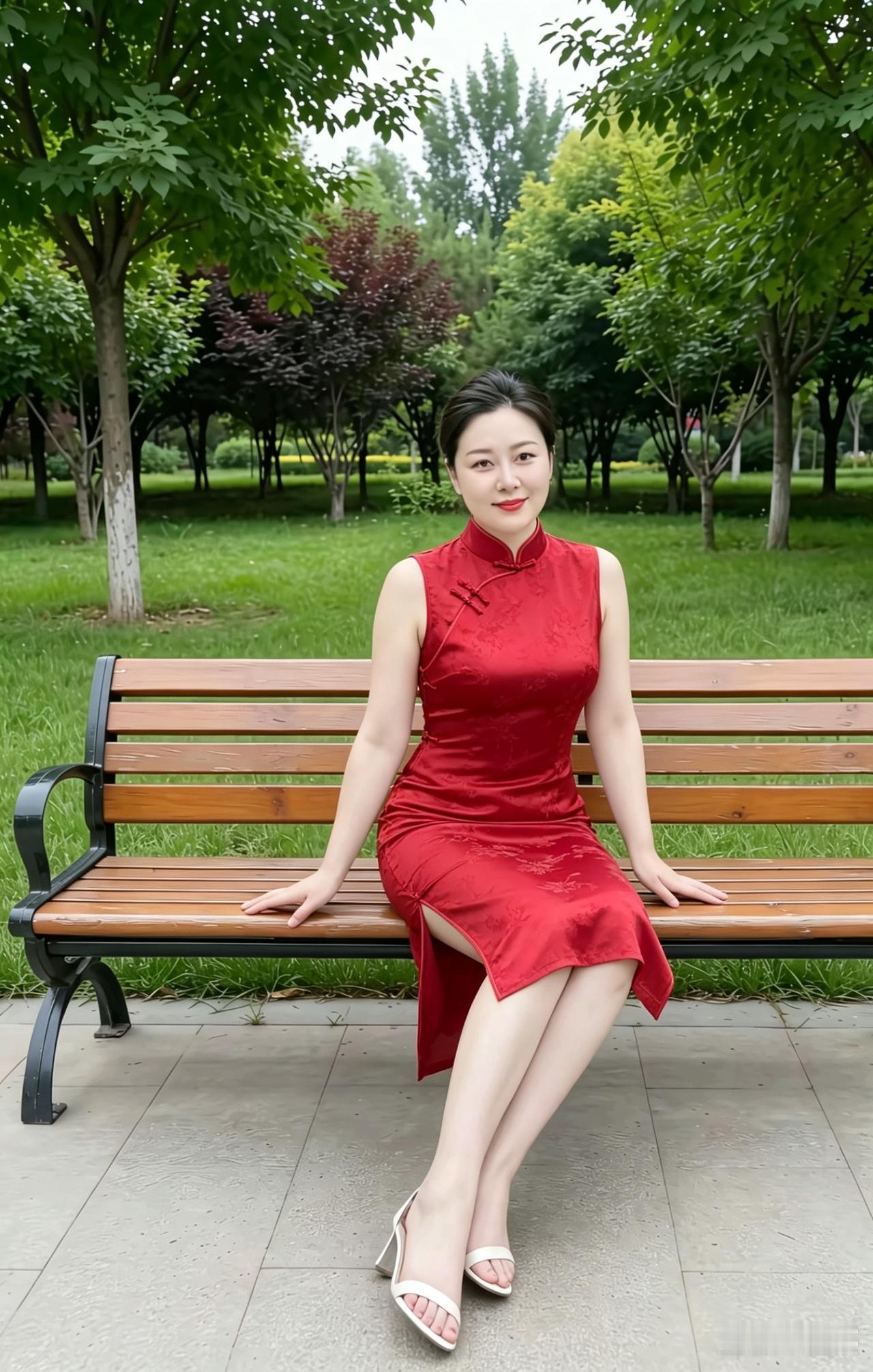 公园闲坐绿树成荫映绮芳，长椅闲依沐清凉。花裙素雅身姿正，笑靥温醇气度彰。