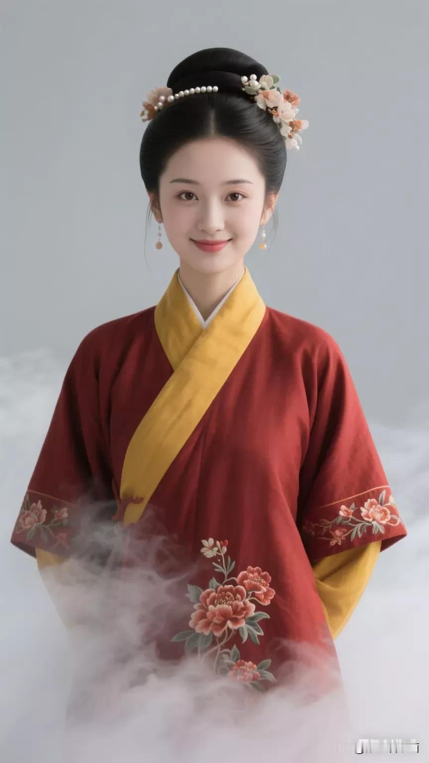 穿越千年的古典美人，红衣黄裙，花团锦簇，韵味十足。张立启原创书画AI作品古仕女发