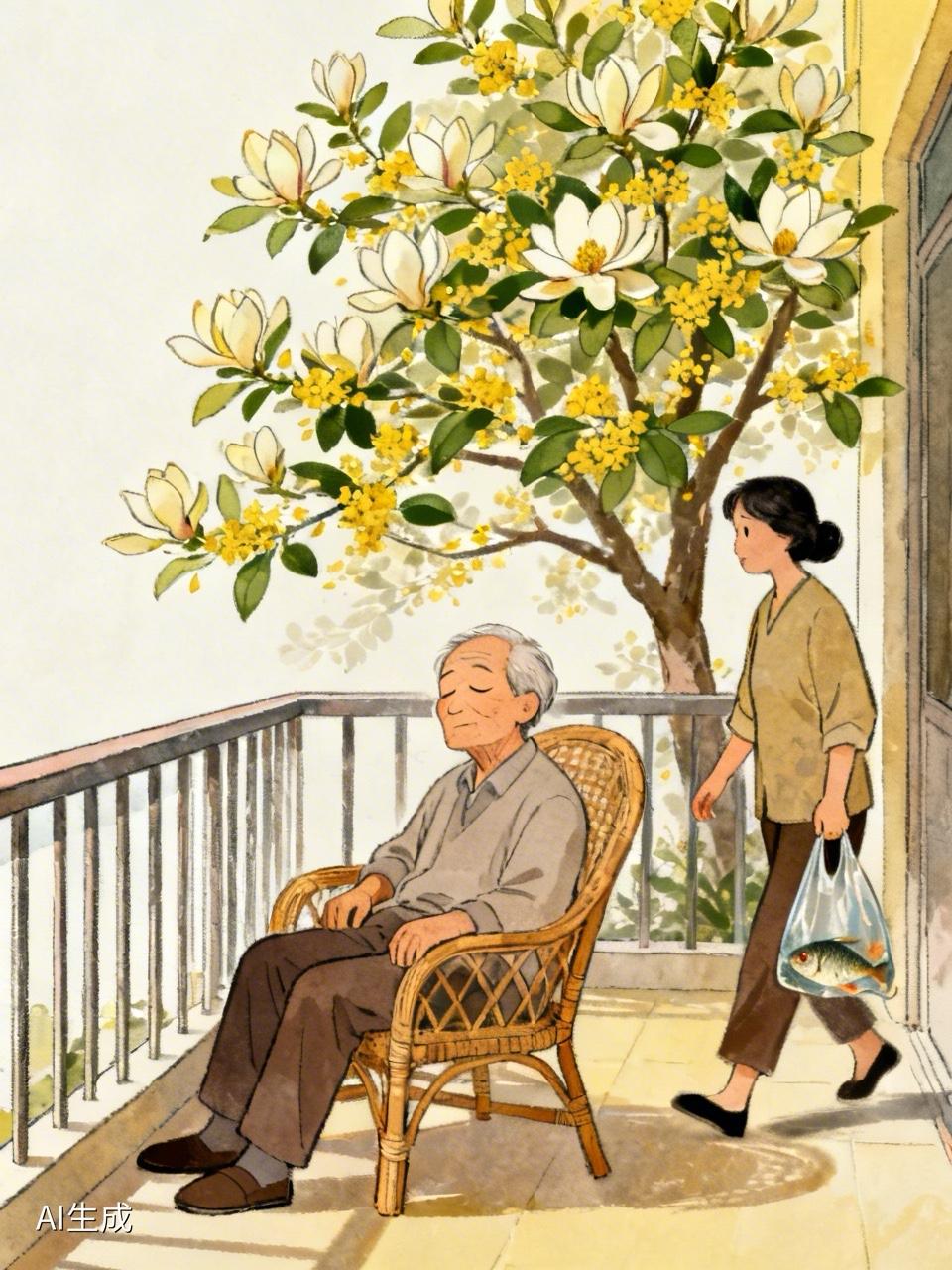 我搬了把藤椅坐在阳台上，半眯着眼看那棵树，忽然就想——这大概就是晚年该有的样子吧