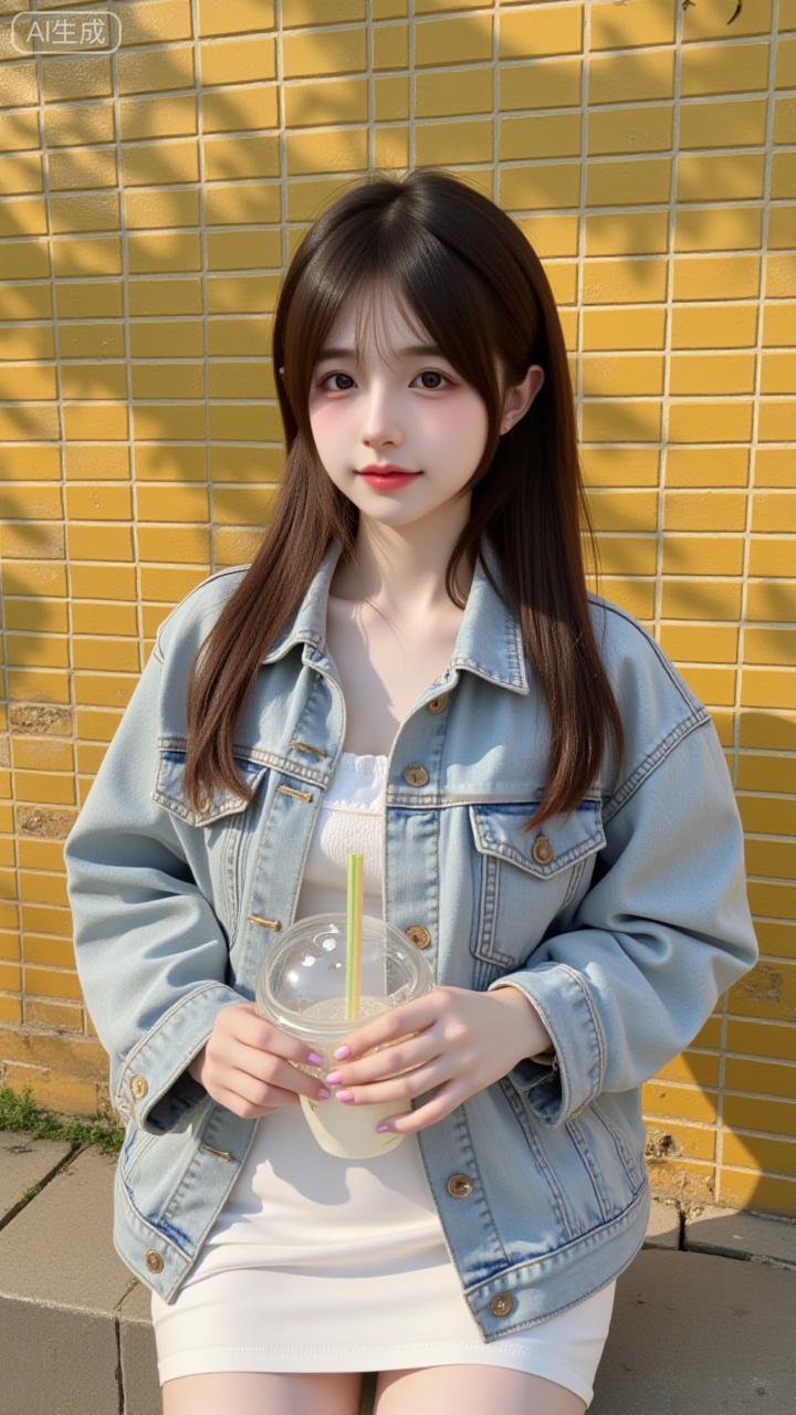 黄墙下的牛仔甜妹好清爽浅蓝牛仔外套搭白裙，捧着冰饮坐在暖光里，松弛又带点软