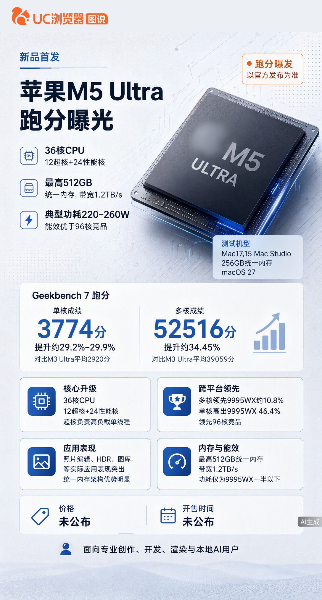 M5Ultra跑分曝光：单核3774、多核破5万，36核竟压过AMD96核。不过光追渲染仍是短板，实