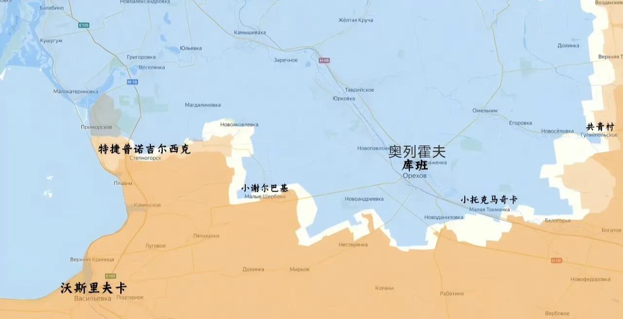 目前乌克兰战场态势图，白色区域是双方交战区域。5月份，俄军占领了232平方公里地