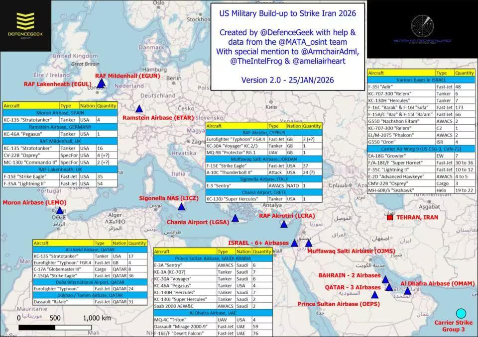 美军居然调集了近500架战机，预警机或许不足俄军事博主对目前部署在伊朗附近