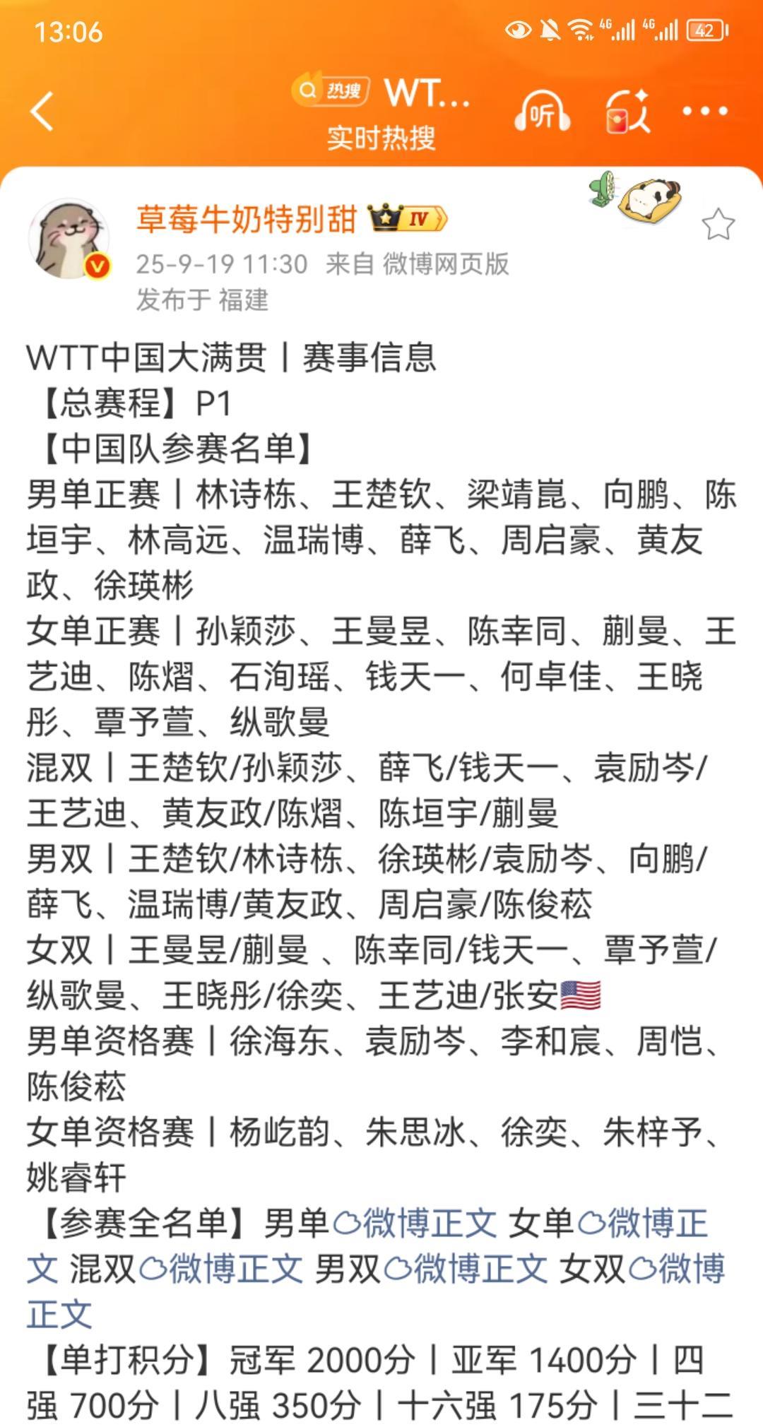 我咧个中国大满贯啊！这满满当当的参赛人数！就是怎么把林诗栋和蒯曼的混双拆了呀