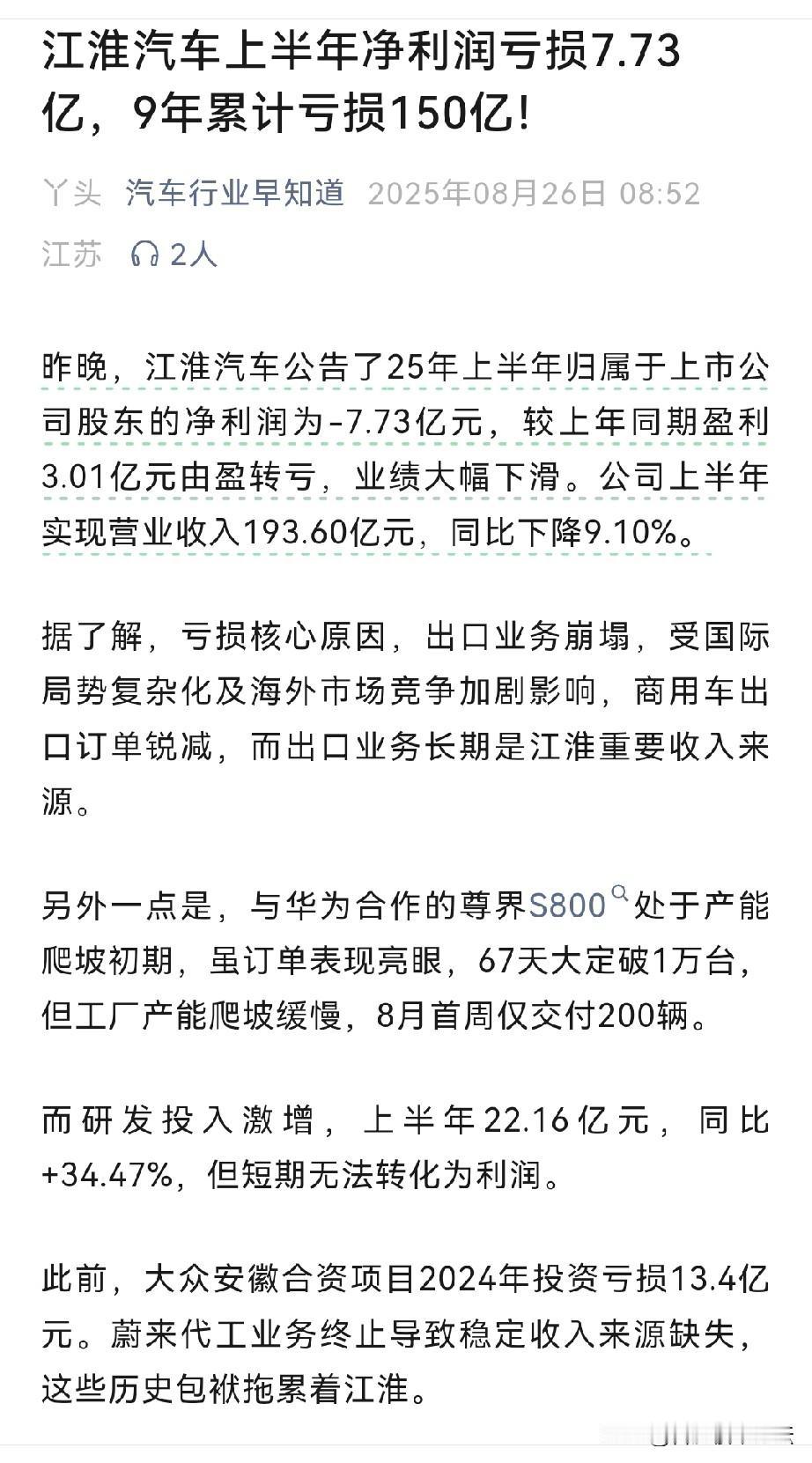 合肥本土知名的造车公司，江淮汽车今年上半年亏损7.73亿，9年累计亏损150亿。