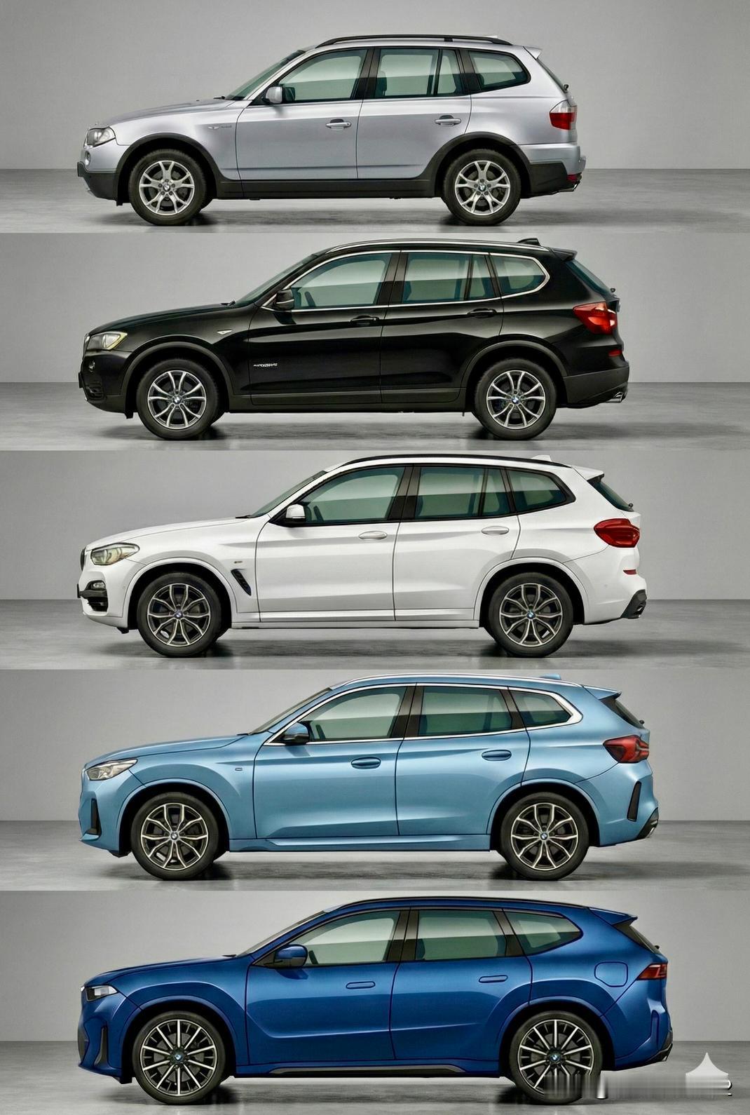 四代宝马X3对比明显看出尺寸增长设计演化。四代宝马X3和新世代IX3对比