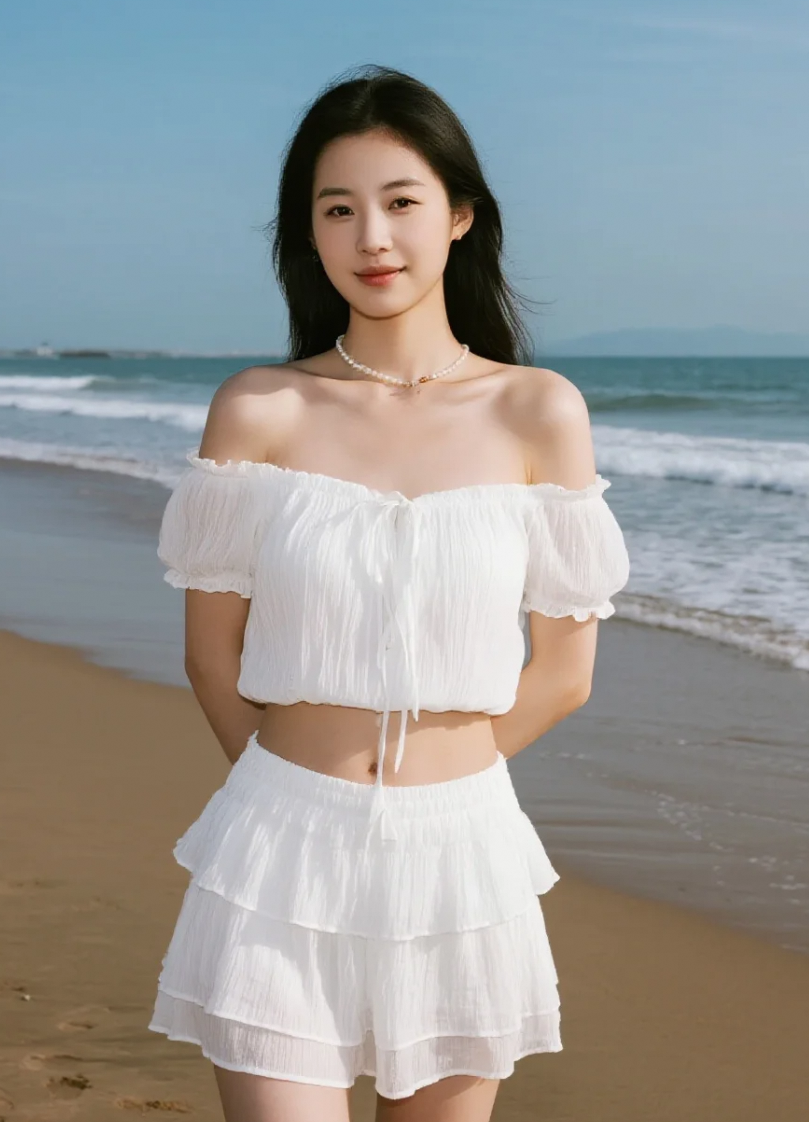 海风吹起她的裙摆，美得惊心动魄