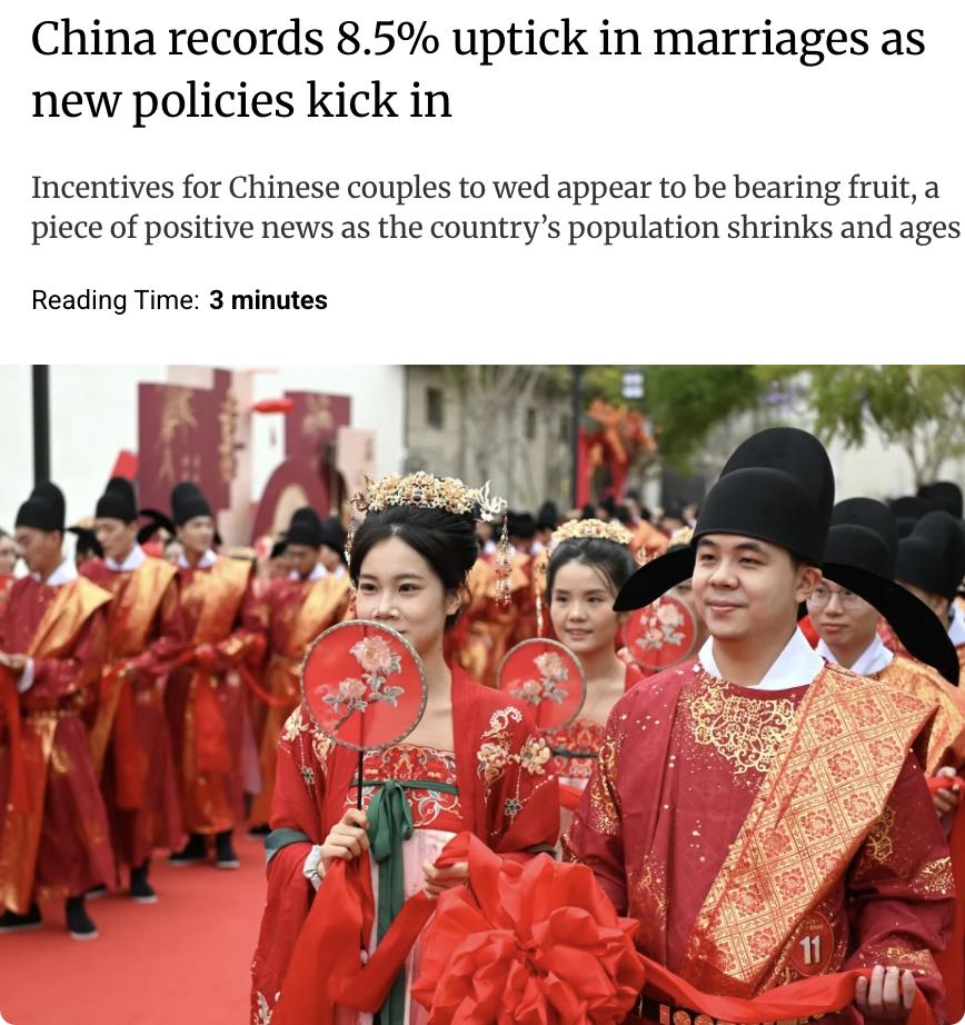 外媒：2025年前三季度，中国婚姻登记数量同比增长8.5%，达到515万对，较去