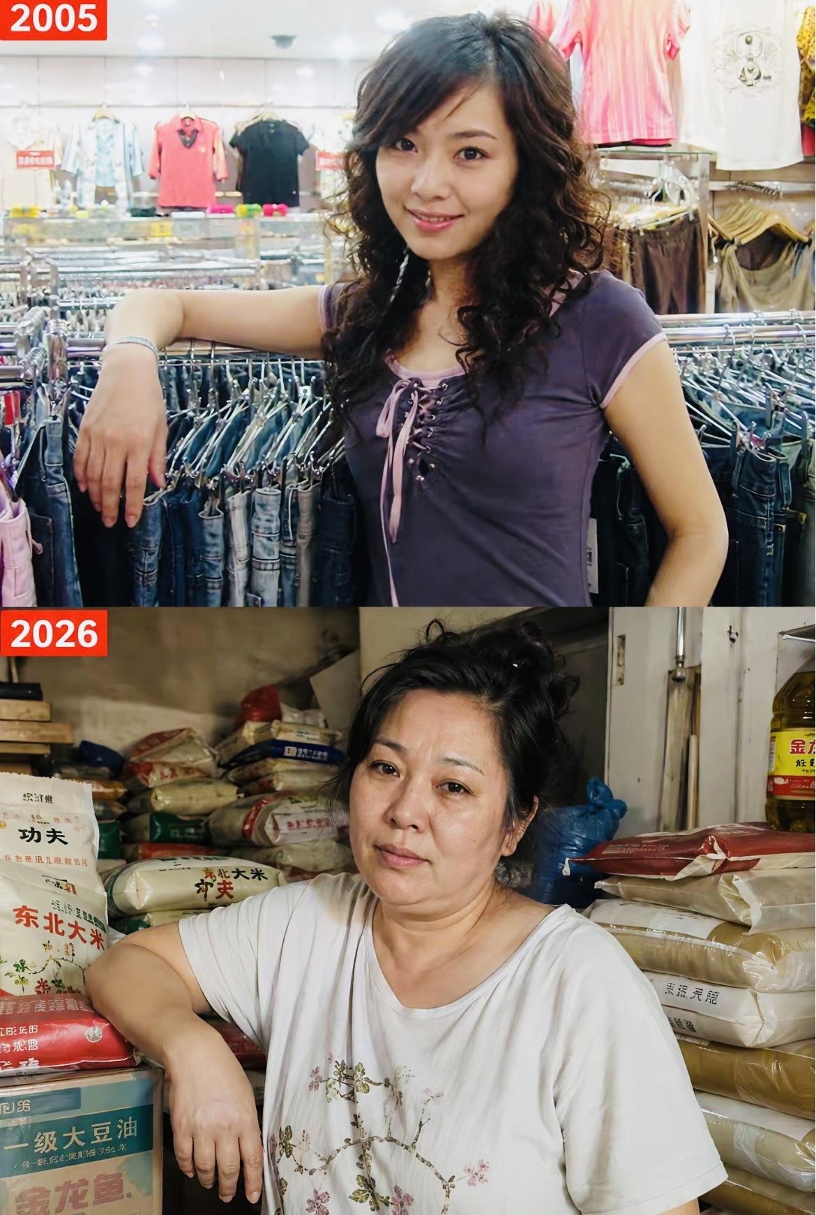 2005年是时尚服装店老板娘，2026年是粮油店老板娘，美女老板娘这20年间经历