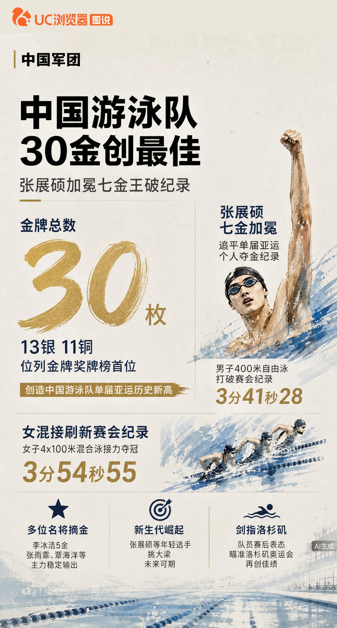 30金创队史最佳！中国游泳队名古屋亚运收官，张展硕7金追平单届个人纪录，女混接破赛会纪录。新生代崛起