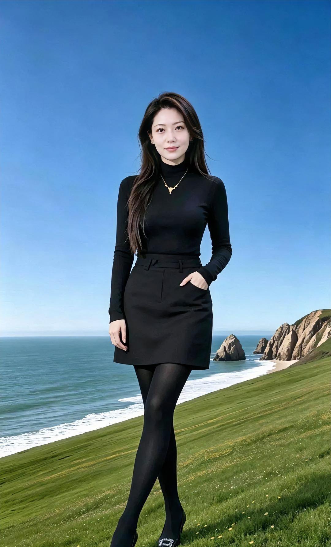 《海风轻吻黑裙摆》碧海蓝天，草坡漫着清朗，一袭黑装，勾勒从容模样。长