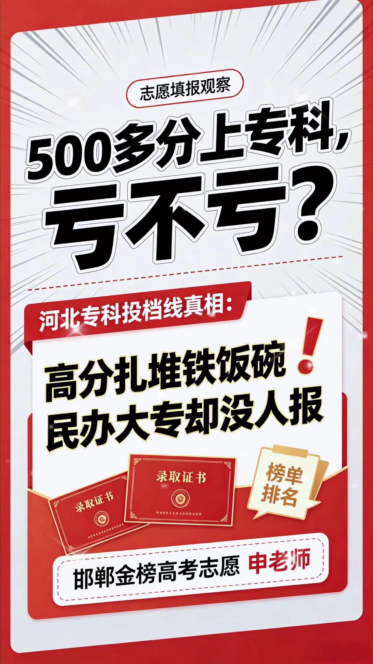 500多分上专科！河北专科投档线分析。500多分上专科，亏不亏？河北专科投档线真