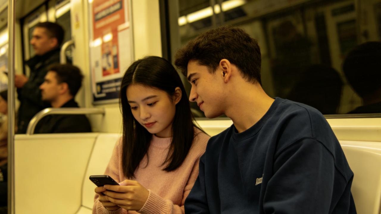 地铁上，一对情侣坐在一起。女孩刷着手机，突然问：“咱俩是不是好久没吵架了？”