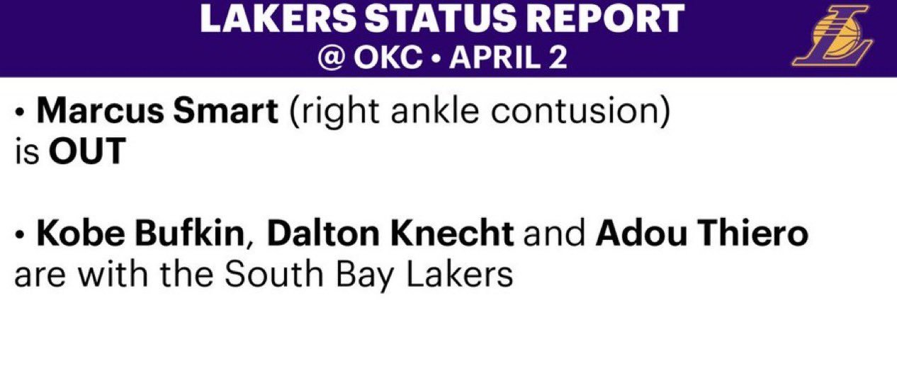 明日对阵雷霆，斯玛特（右脚踝挫伤）继续缺席！科比-巴夫金、克内克特和迪耶罗被下放