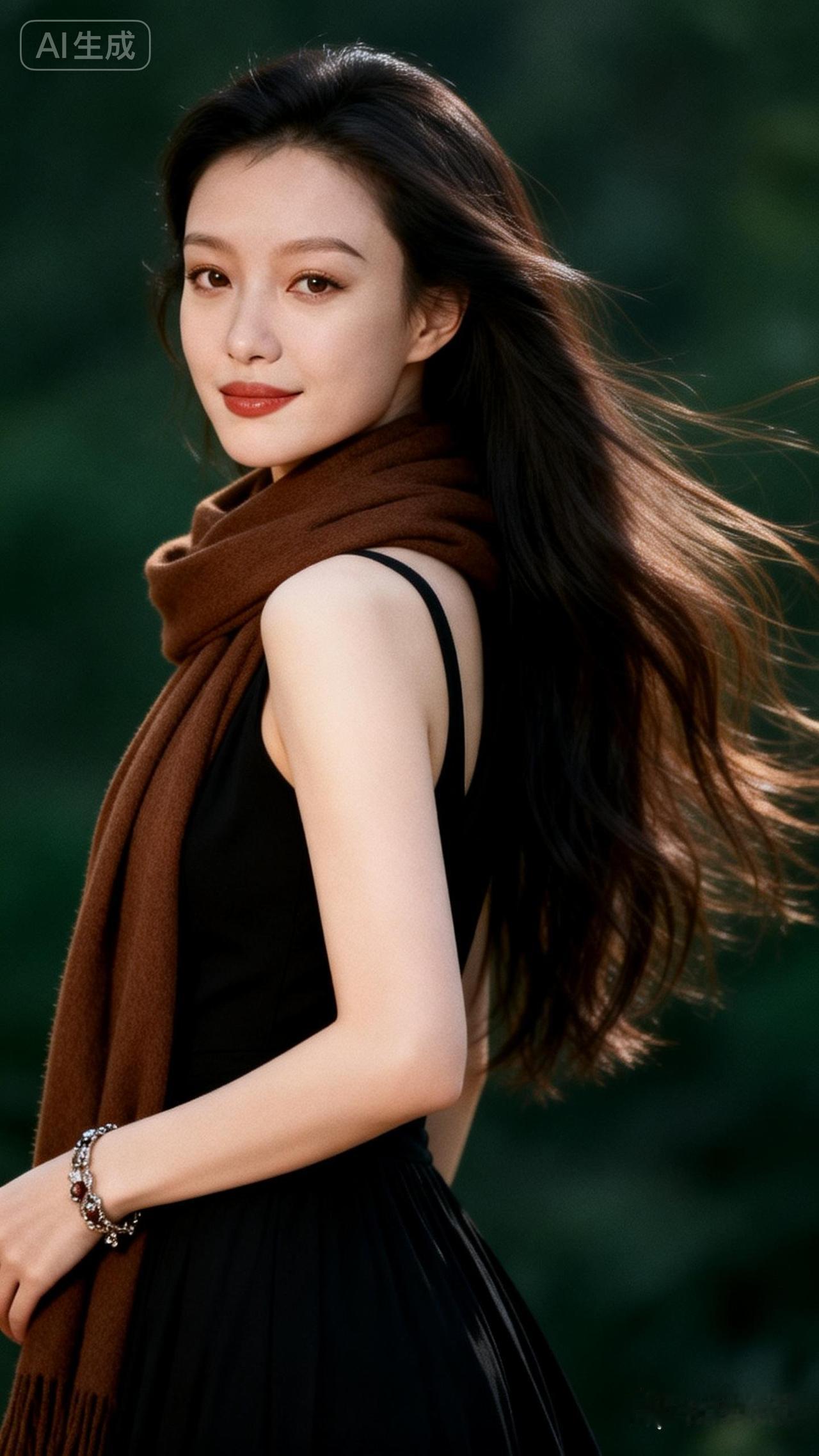 优雅黑裙与棕色围巾的完美搭配，尽显女性魅力！💃🏻👗🧣