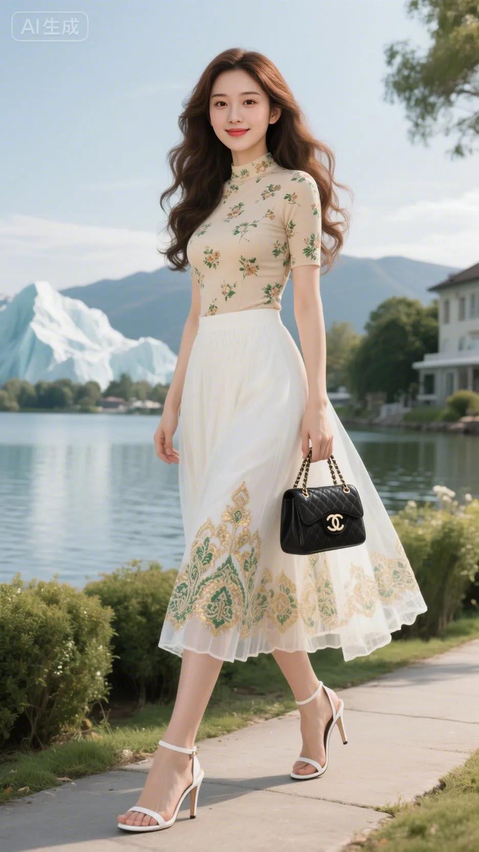 夏日穿搭指南：优雅连衣裙+精致手袋，漫步在湖畔，享受宁静时光。