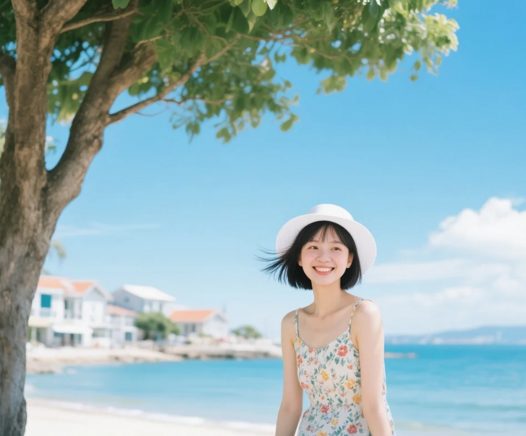 她坐望向远方，仿佛在寻找夏天的尽头
