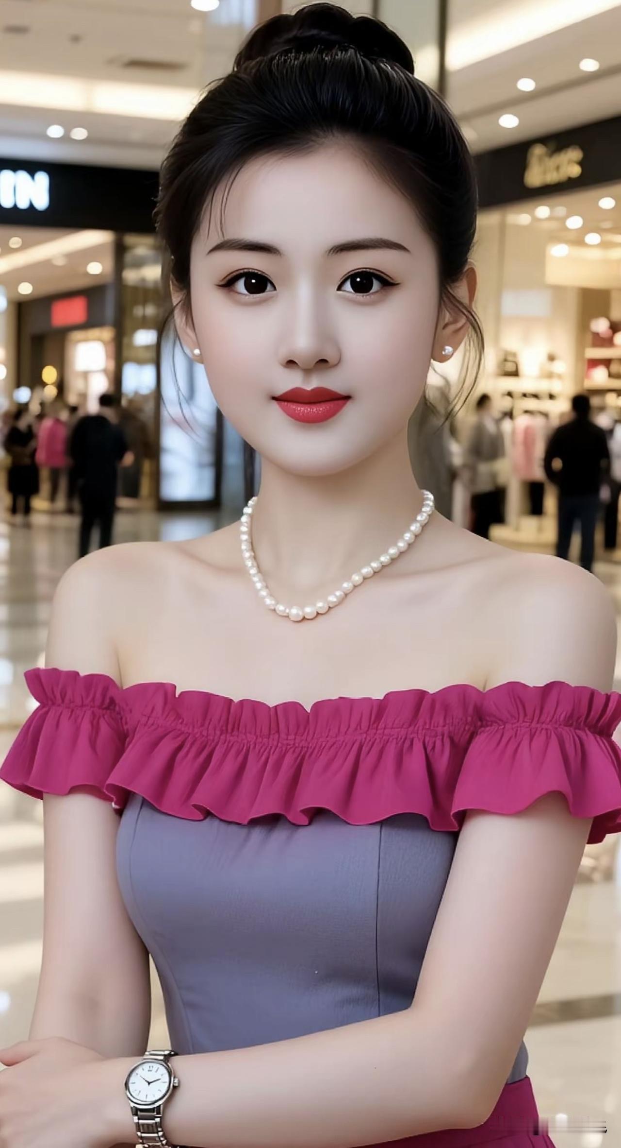 优雅珍珠项链搭配复古露肩裙，尽显时尚气质！珍珠项链戴白色珍珠项链珍珠项链糖果