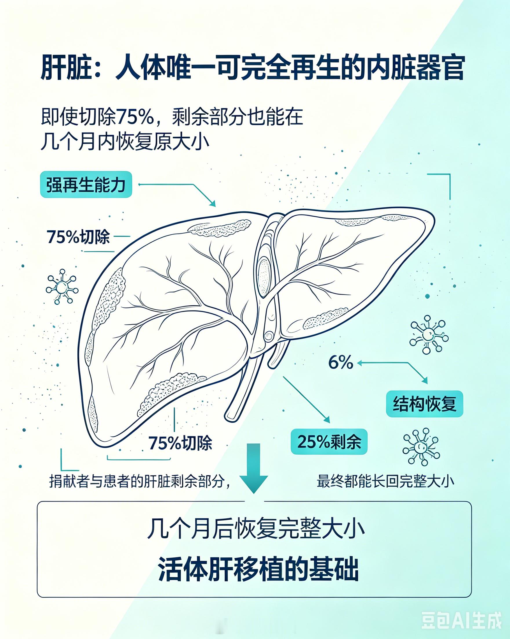肝脏是人体内唯一可以完全再生的器官，即使被切除75%，剩余部分也能在几个月内重