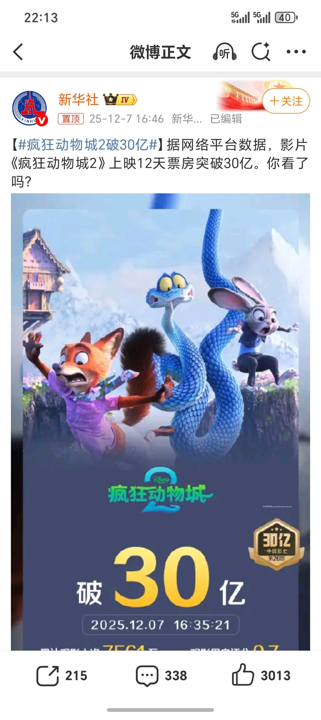 疯狂动物城2破30亿迪士尼十年磨一剑刚看完作为一部动画片故事，画面，音乐都很棒值