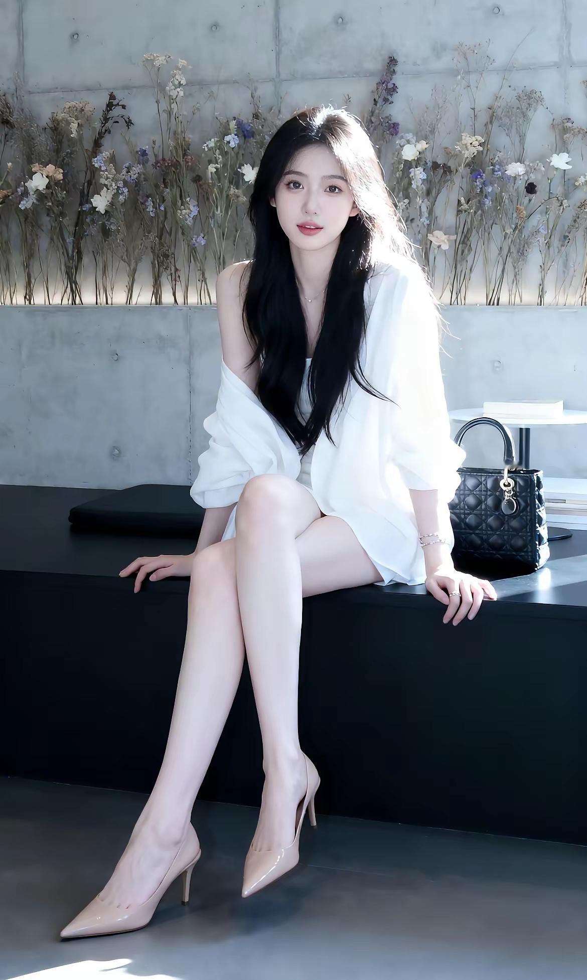 优雅黑发少女，坐在花丛中的时尚瞬间