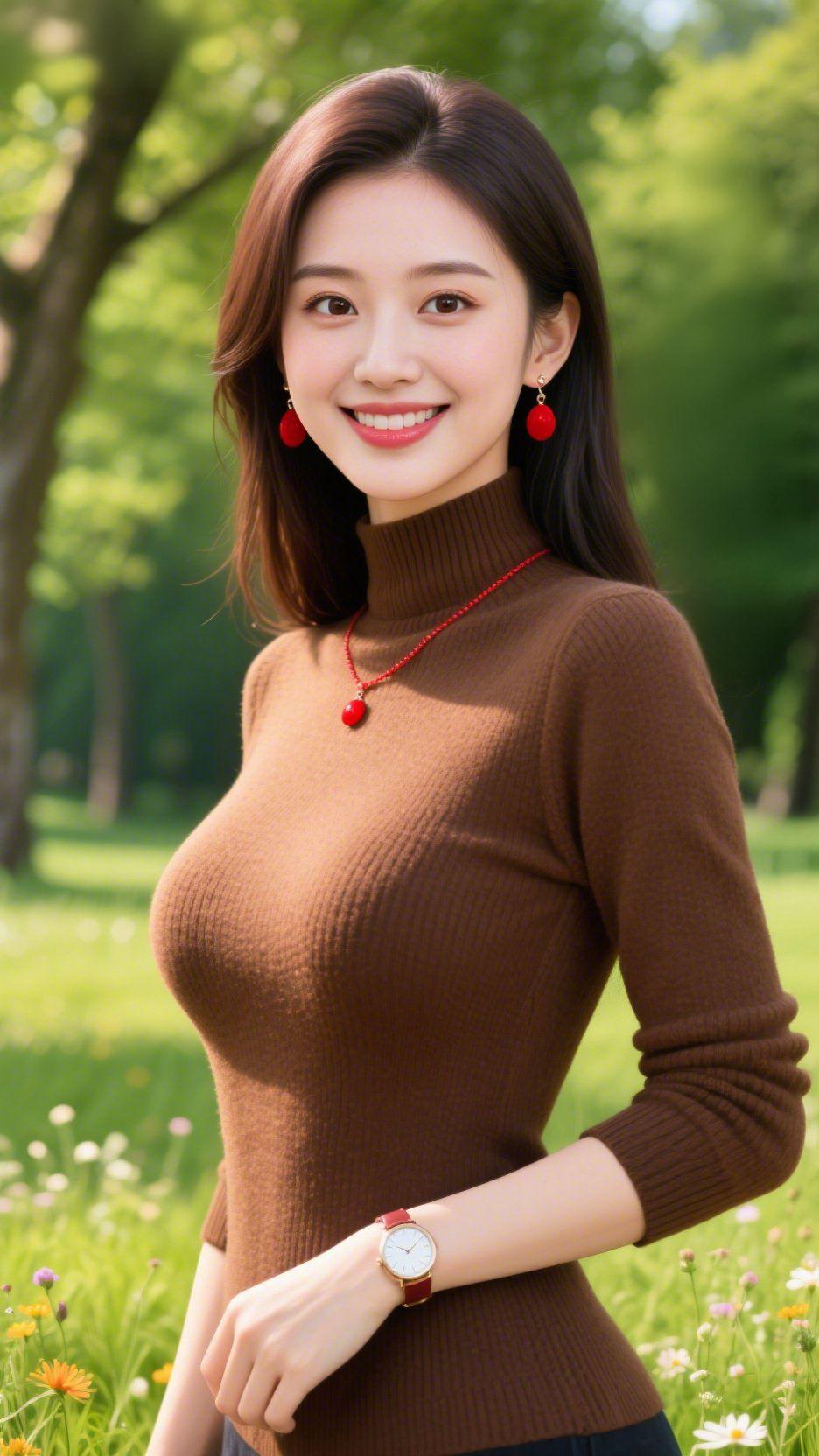 棕衫缀红栖春野晴光浸软草色时，她立在春林间。棕褐衣身裹着舒展的温婉，针织纹