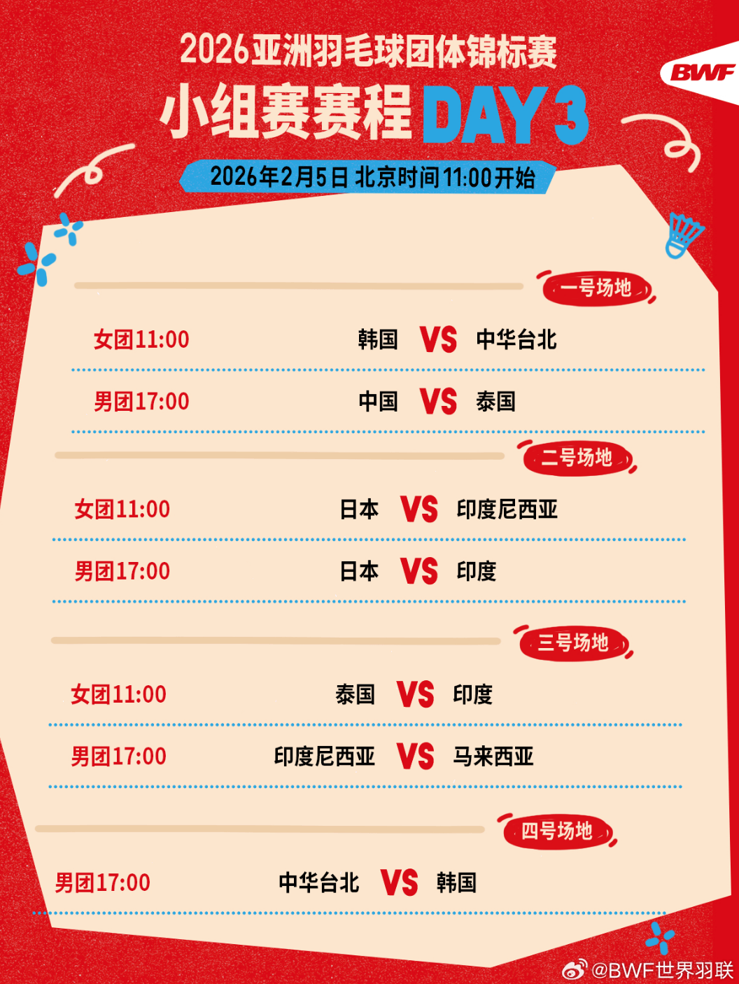 2026羽毛球亚团赛今日赛程: 中国男团vs泰国队;安洗莹出战