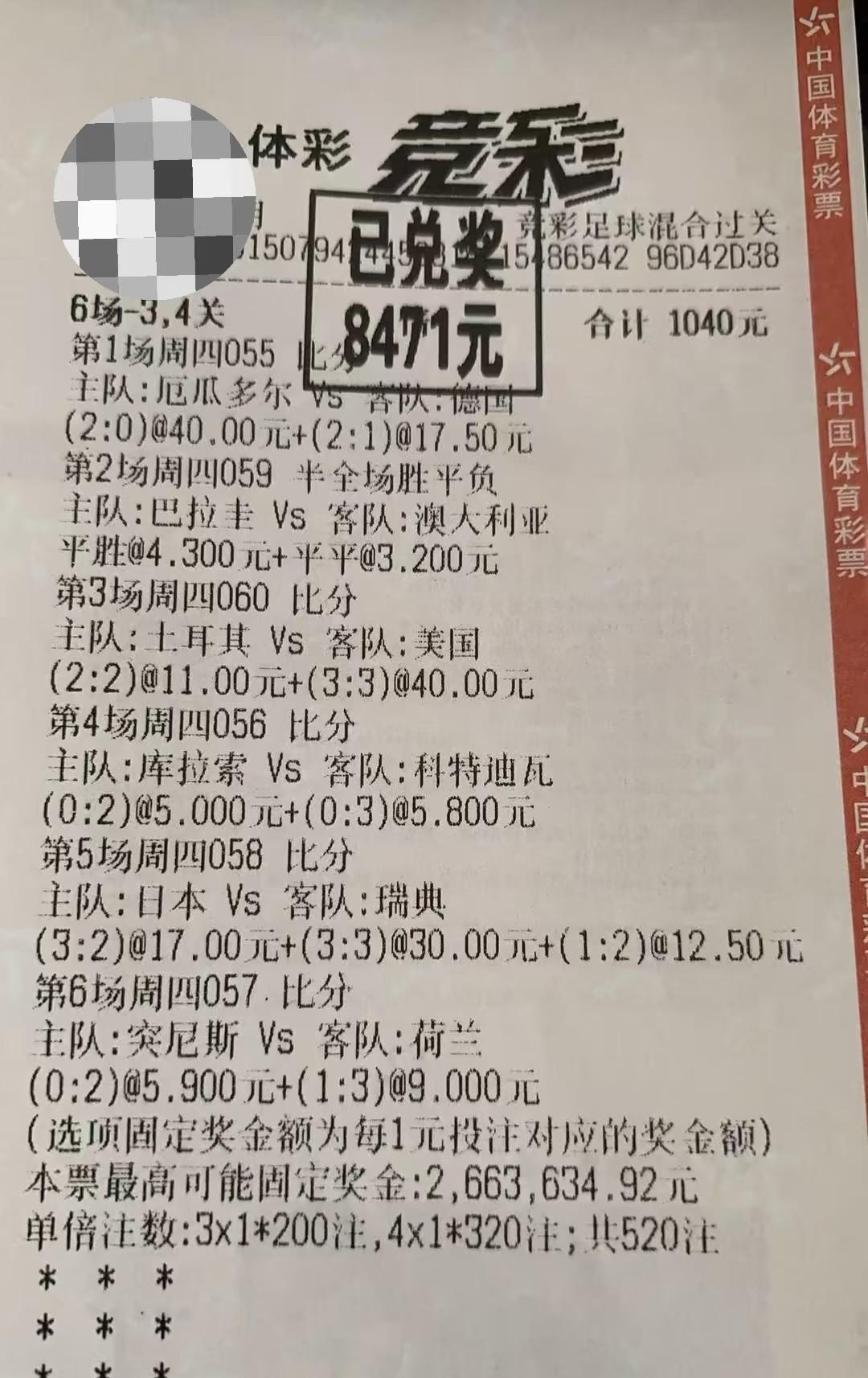 网上看到的，这张彩票太可惜了，一步之遥就是大奖。虽然错了两场，但是还是很准的，