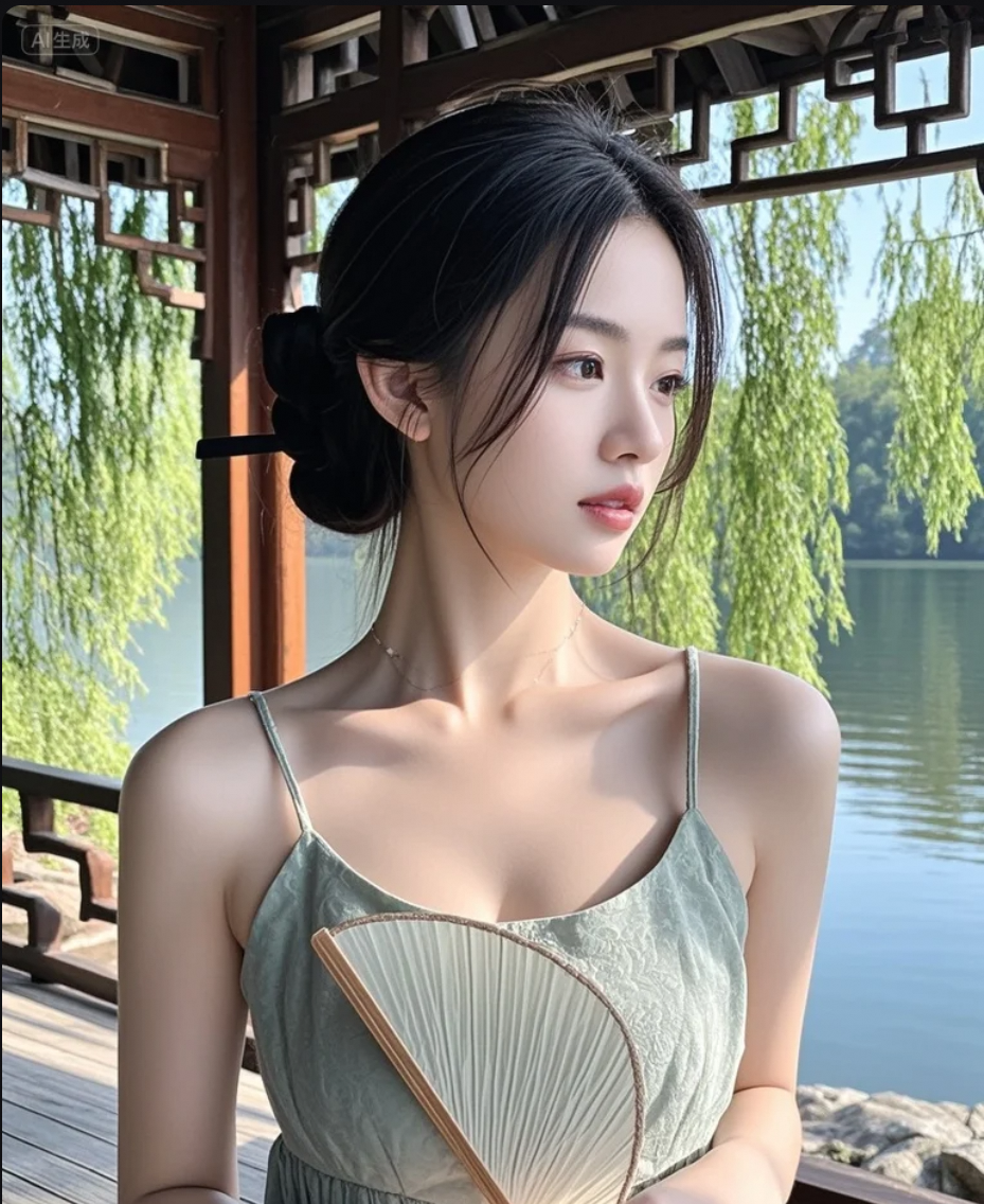 她的扇子一挥，仿佛整个湖面都为她倾倒