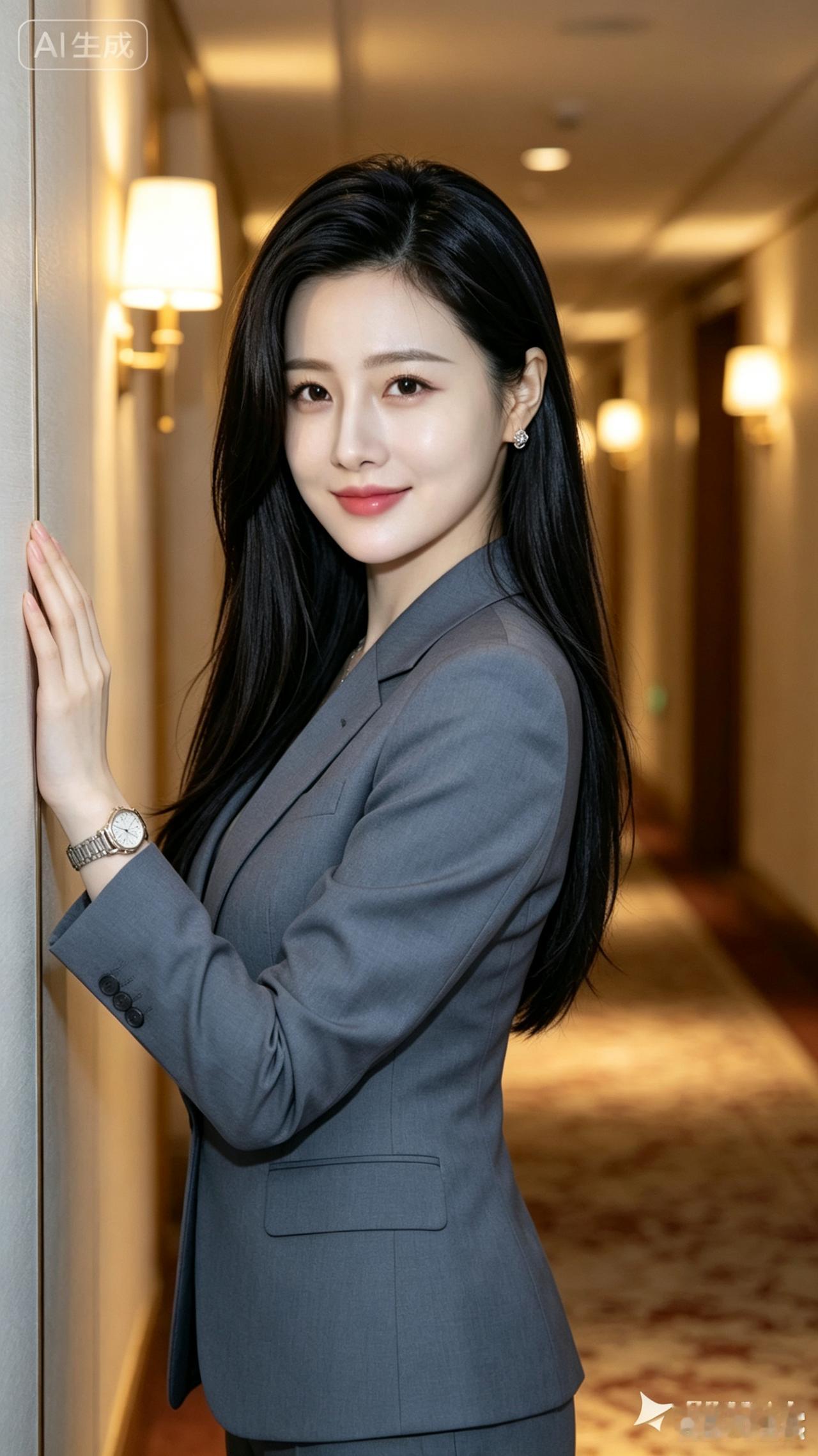 一位穿西装的女士在走廊里微笑。