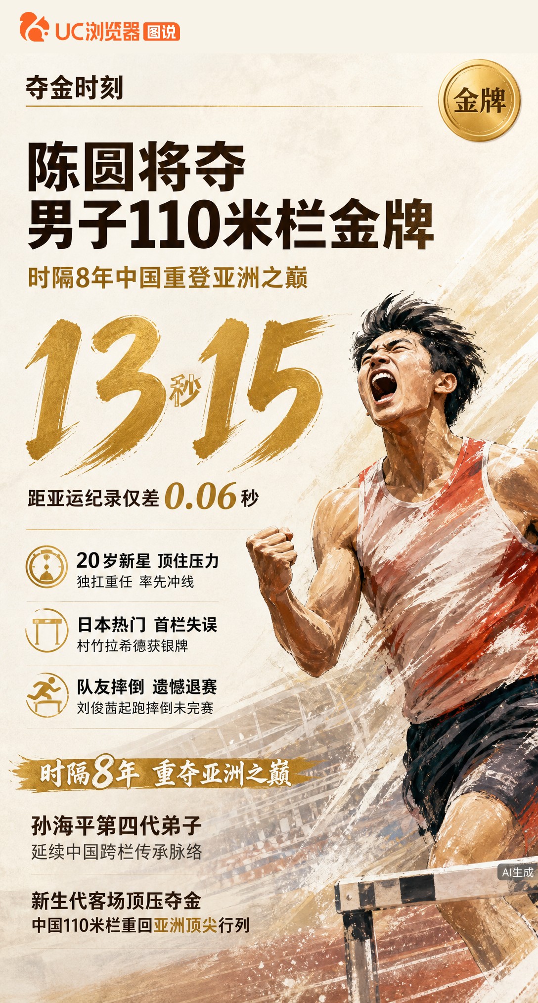13秒15！20岁陈圆将夺亚运男子110米栏金牌，队友摔倒后独扛压力，助中国队时隔8年重返亚洲之巅。