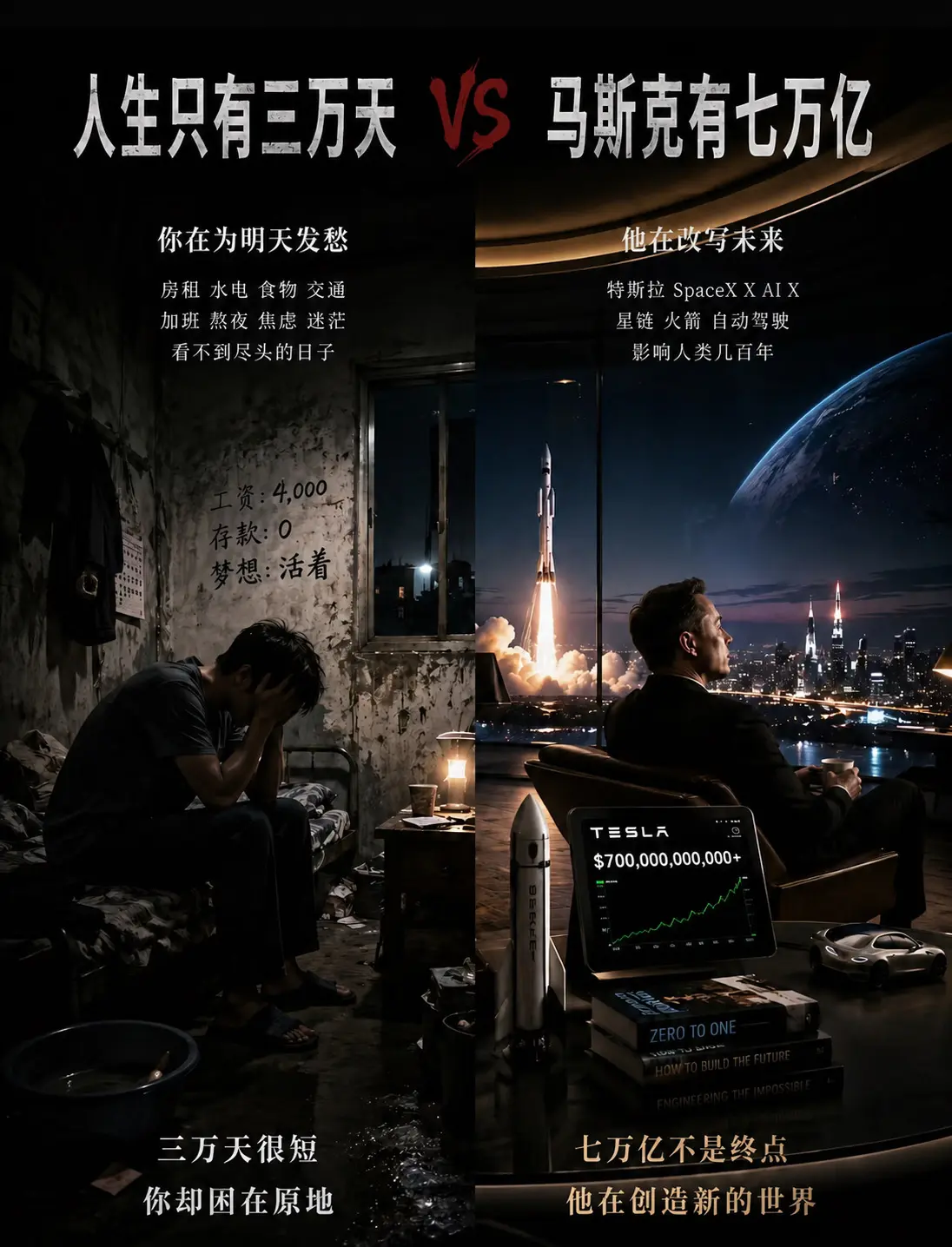 人生只有三万天马斯克有七万亿。人生只有三万天， 有人还在为3000块熬...
