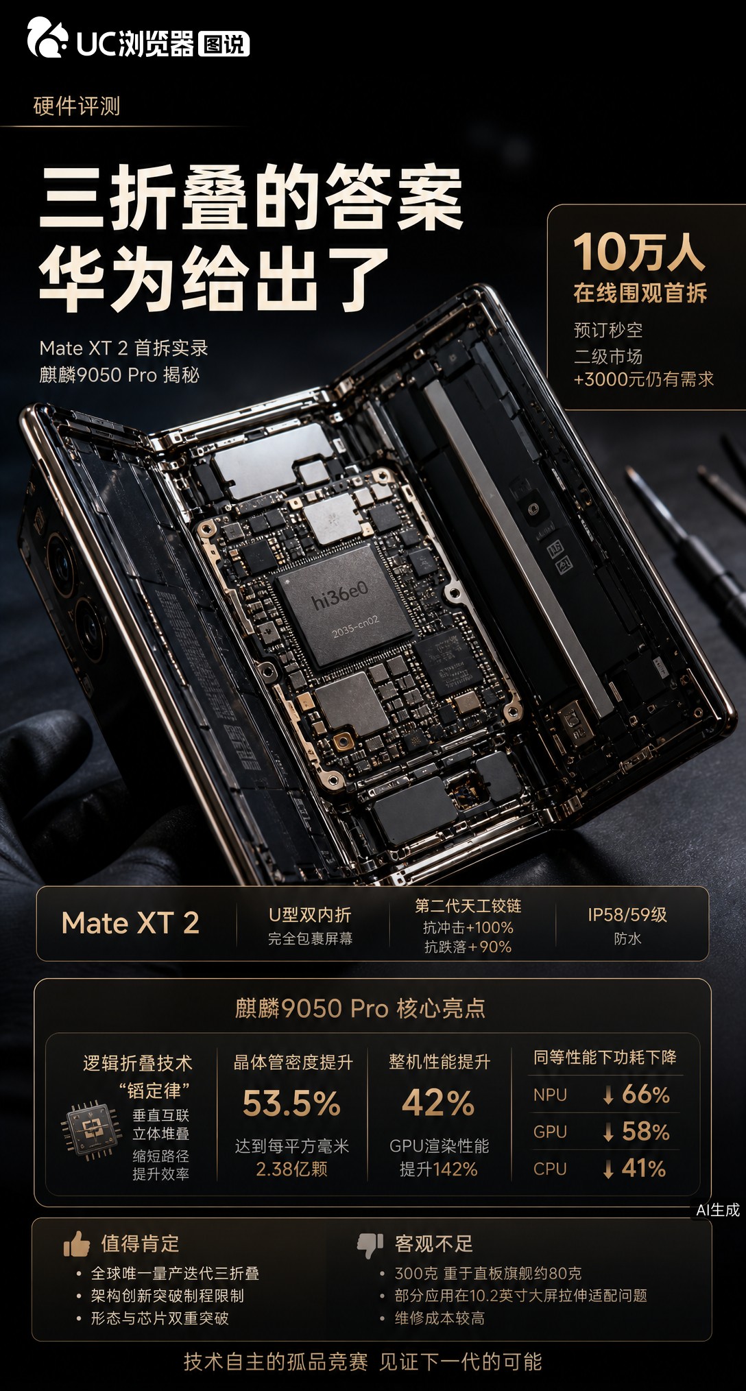 10万人围观MateXT2首拆！麒麟9050Pro靠立体堆叠换性能，GPU渲染提升142%。没EUV