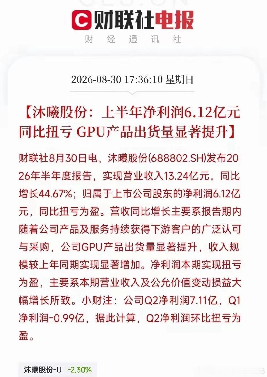 沐曦股份披露半年报，营收13.24亿元，同比增长44.67%，净利润6.12亿元