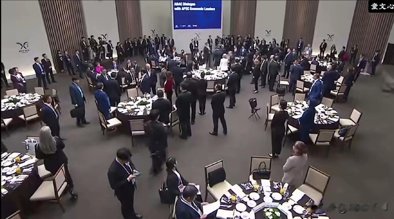 这是今天APEC会议后的午宴大厅，看着还挺热闹，大厅内人声鼎沸，相互之间在握手寒