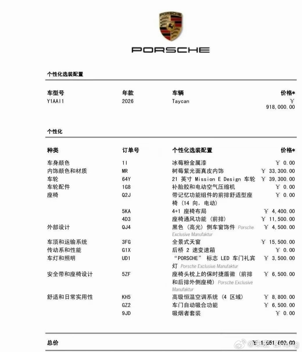 保时捷Taycan冰莓粉树莓紫内饰指导价1051800元全款裸车772,8