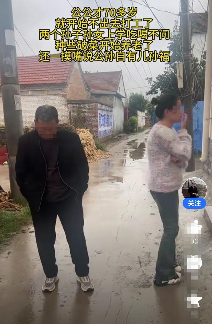 公公才70多岁就不出去打工了，两个孙子孙女上学吃喝不管不顾，每天就种种菜，喂喂鸡